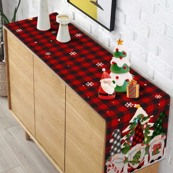 NWT- Red & Black Buffalo Check- Christmas Gnomes Holiday Table Runner 72x13 - Picture 5 of 5